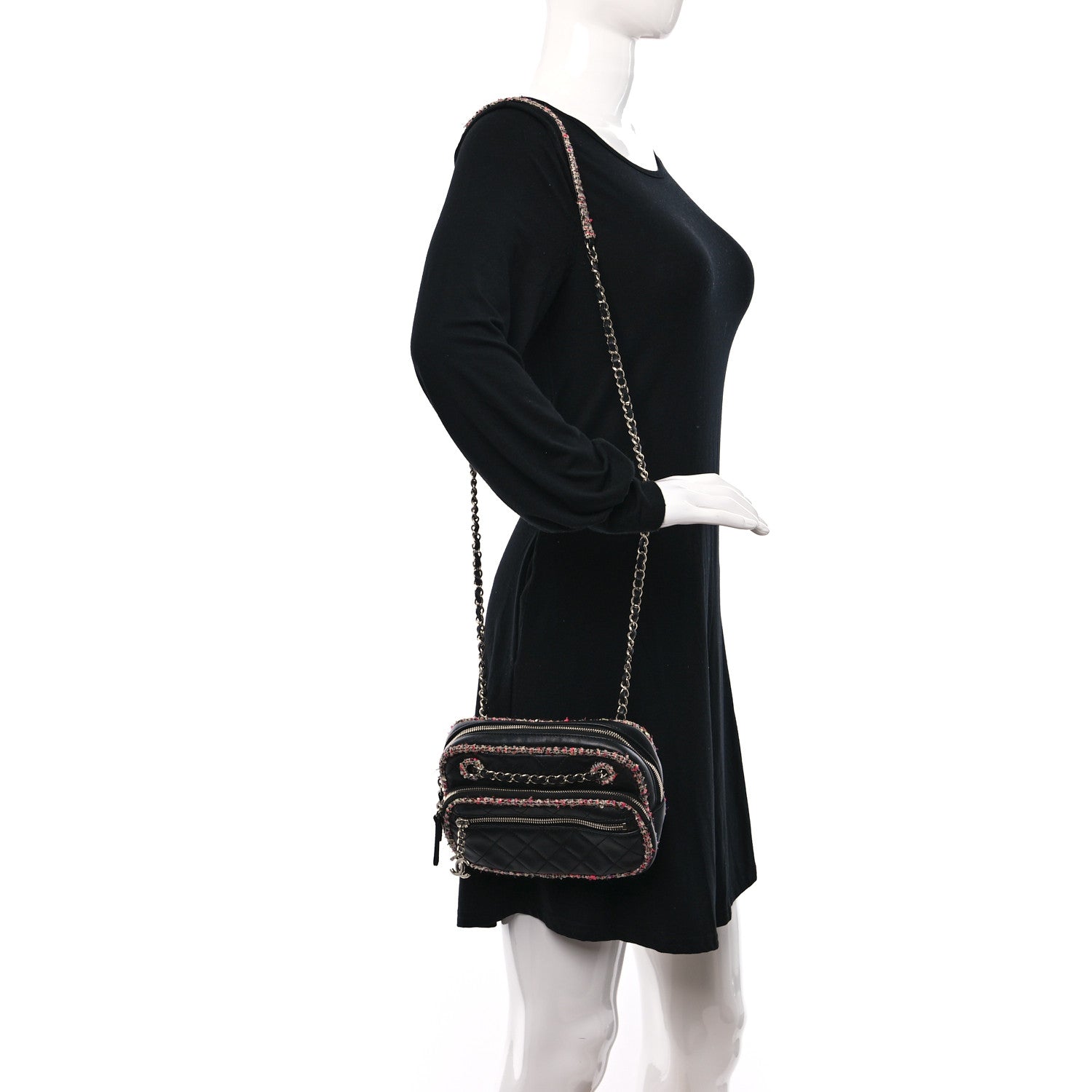 Chanel Lambskin Quilted Tweed Elegant Trim Front Zip Camera Case Black 2 of 9