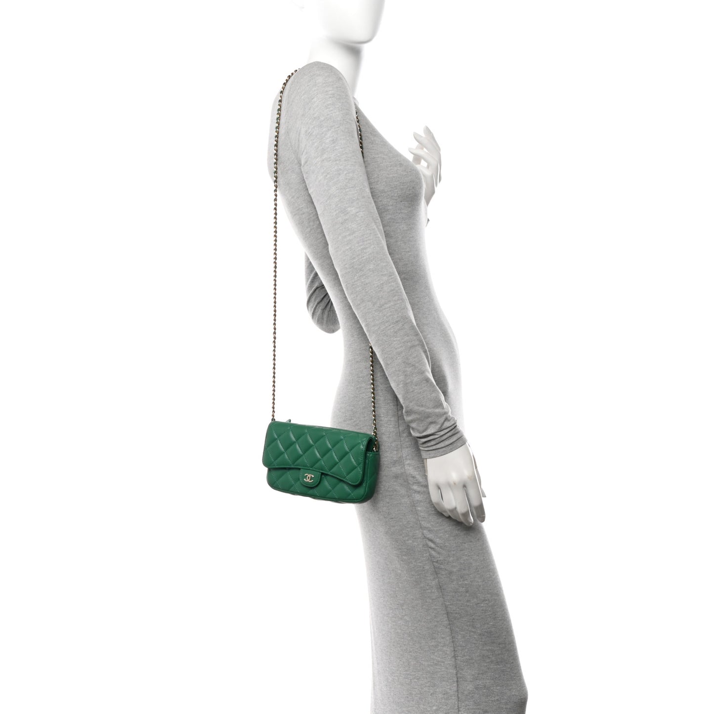 Lambskin Quilted Flap Phone Holder With Chain Green