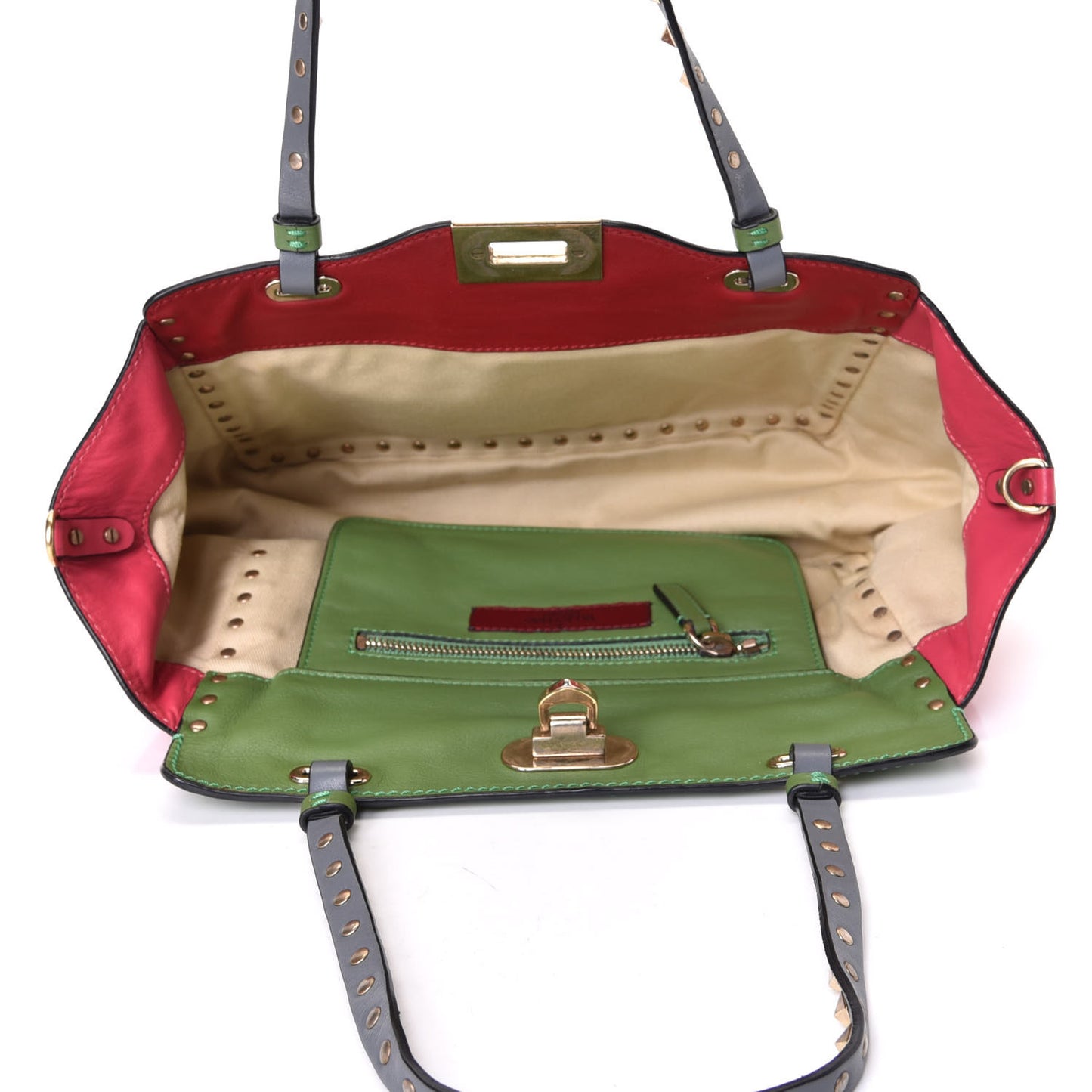 Vitello Colorblock Small Rockstud Tote Deep Rose Clover Grey Scarlet