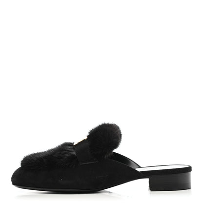 Hermes Mink Fur Suede Goatskin Trocadero Mule 37.5 Black 1 of 8