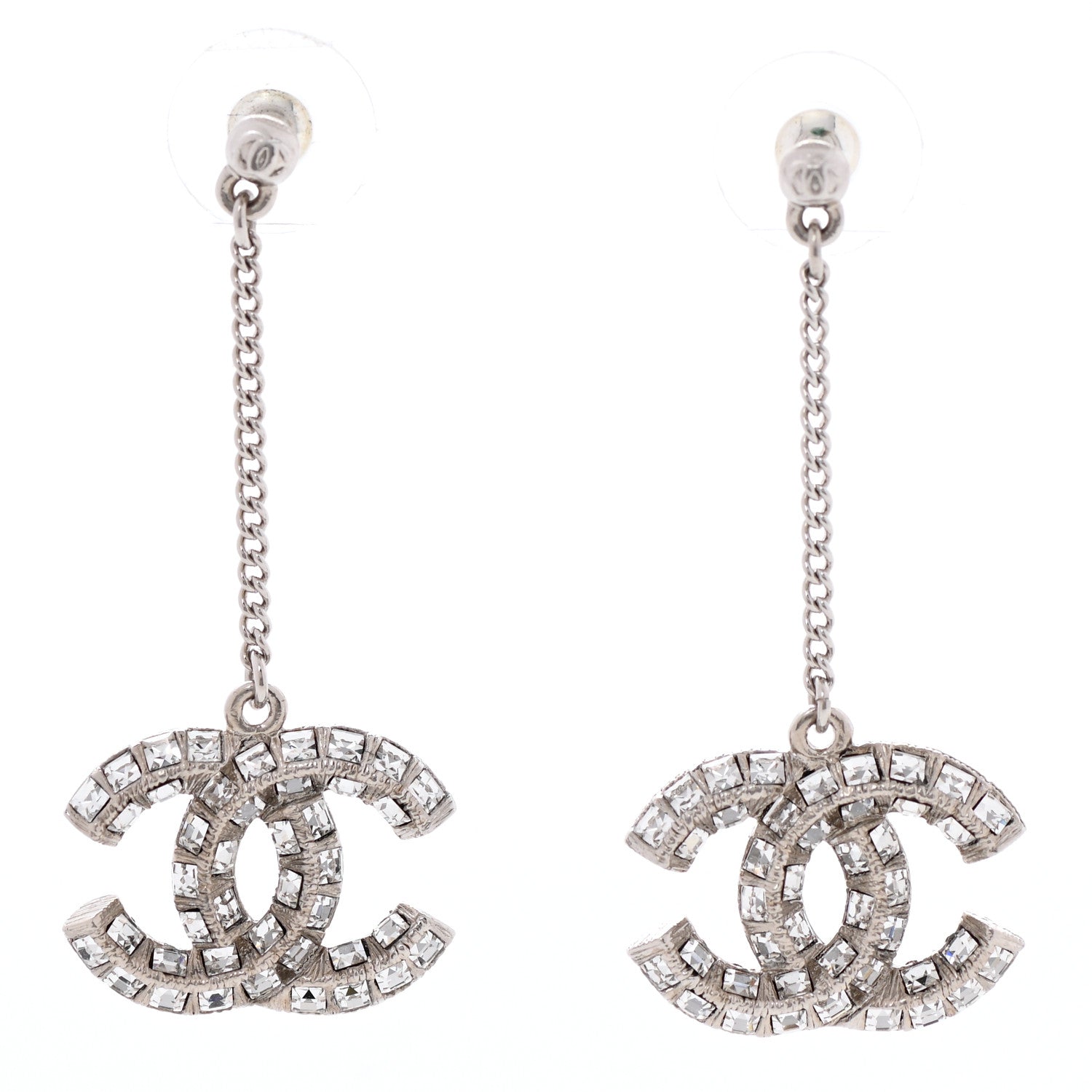 Chanel Baguette Crystal CC Drop Earrings Silver 1 of 4