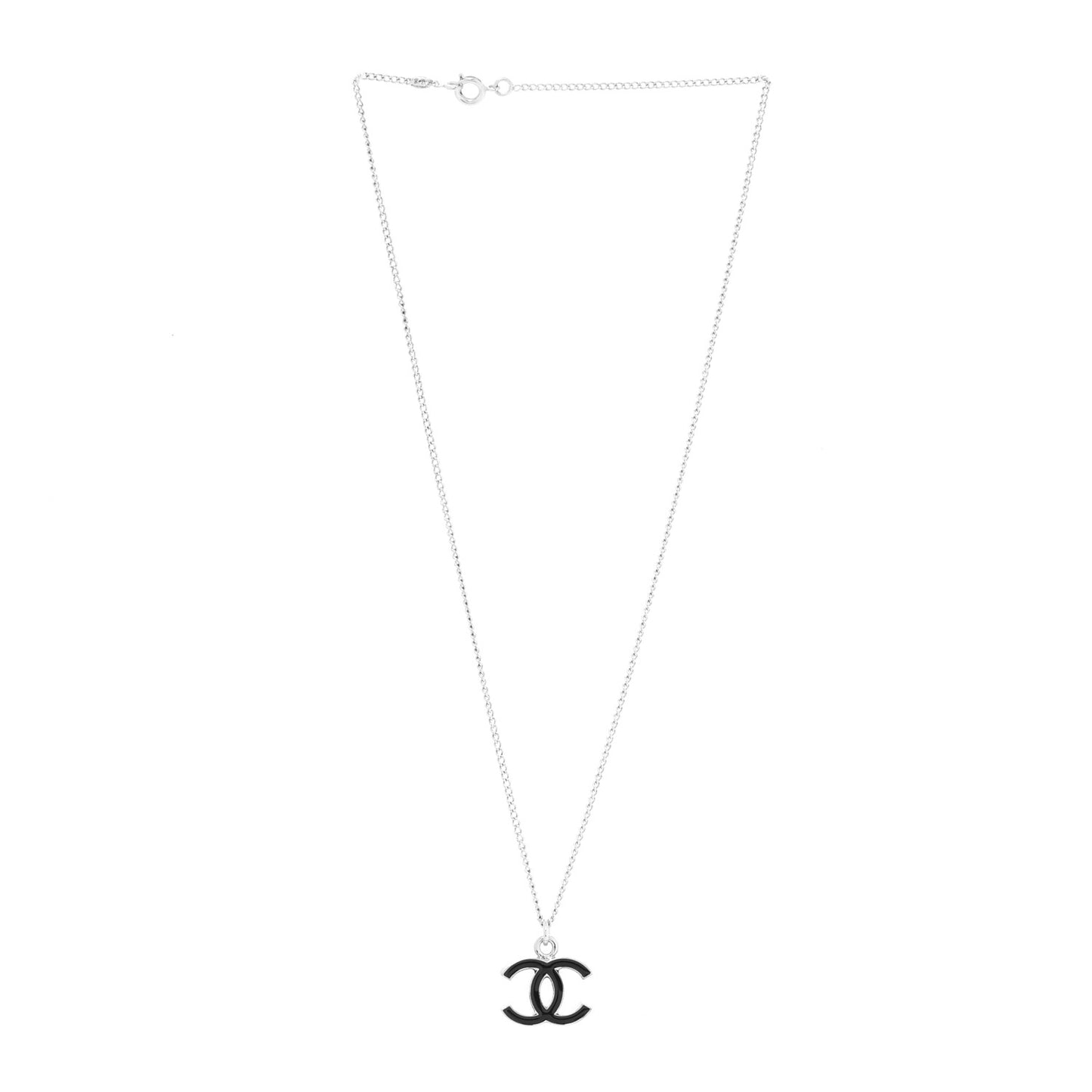 Enamel CC Pendant Necklace Black Silver