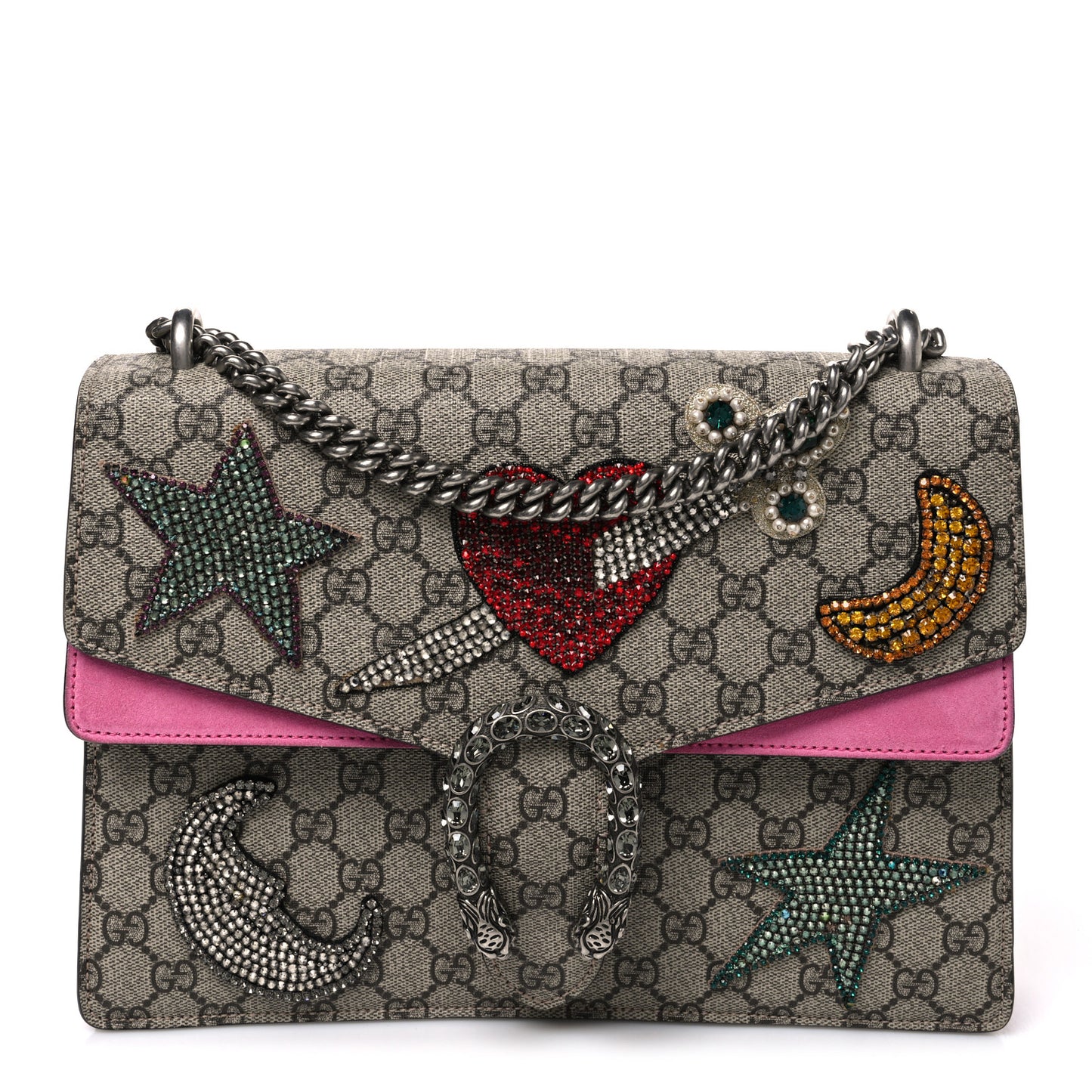 GG Supreme Monogram Suede Pierced Heart Embroidered Medium Dionysus Shoulder Bag Beige Ebony Pink Tropical Flower