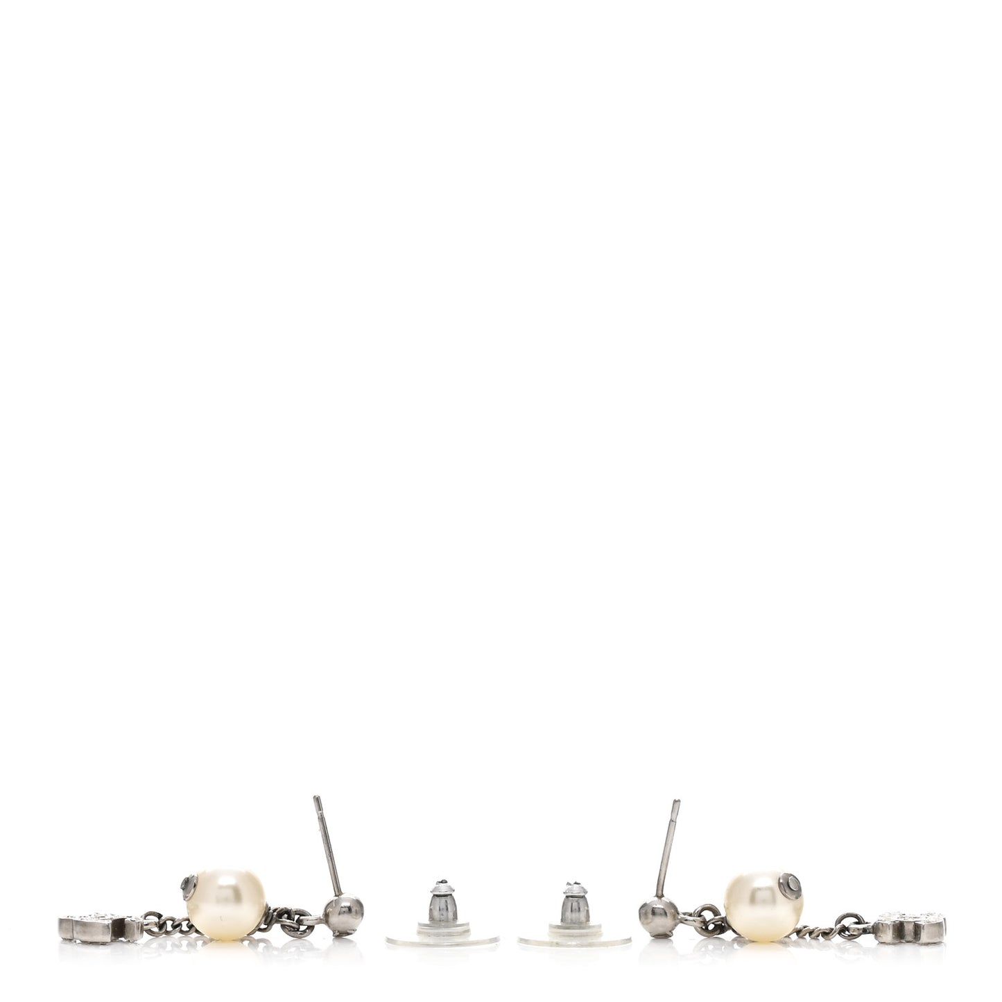 Crystal Pearl CC Drop Chain Earrings Silver