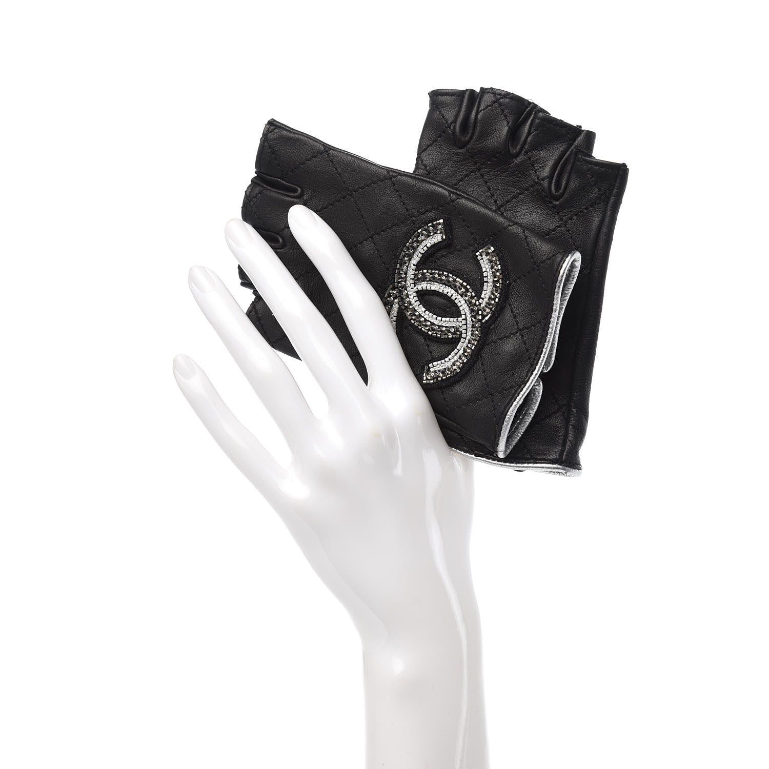 Chanel Lambskin Stitched Fingerless CC Embellished Gloves 7 Black 2 of 6