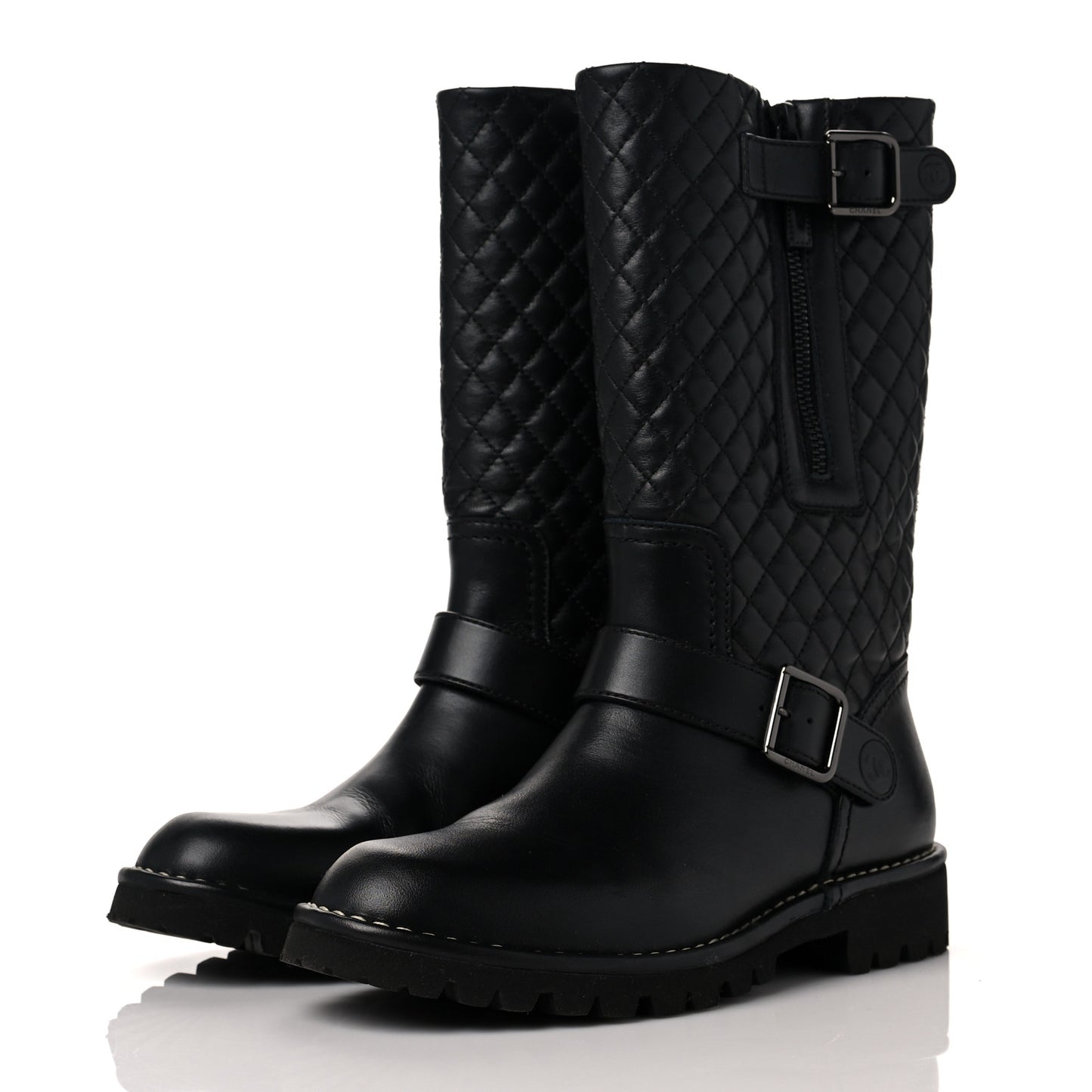 Calfskin Quilted Biker Boots 36.5 Black