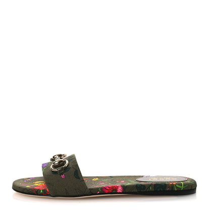 Gucci Canvas Flora Floral Horsebit Slide Sandals 36 Green 1 of 11