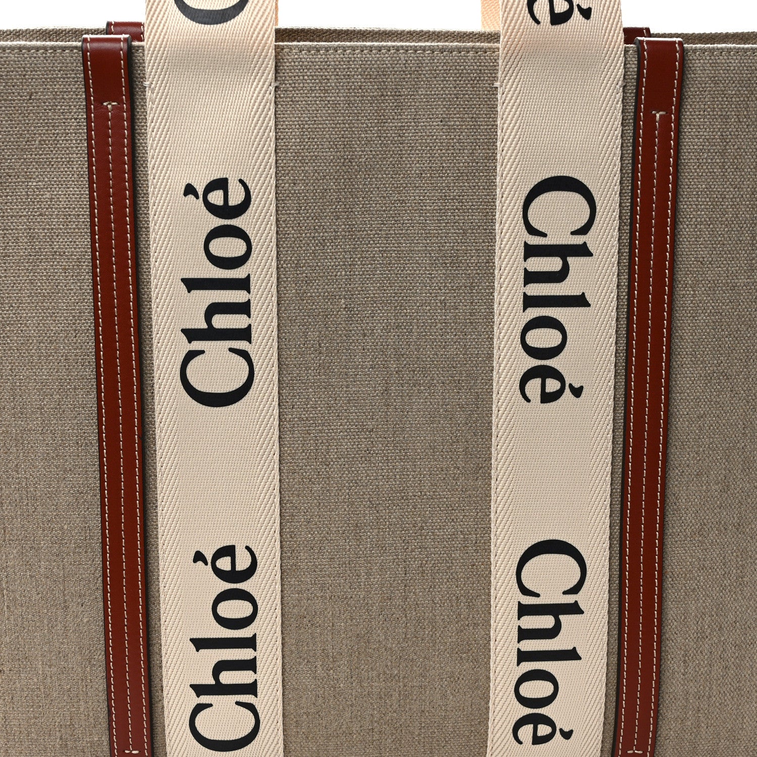 Chloe Linen Calfskin Large Woody Ribbon Tote White Brown 7 of 13