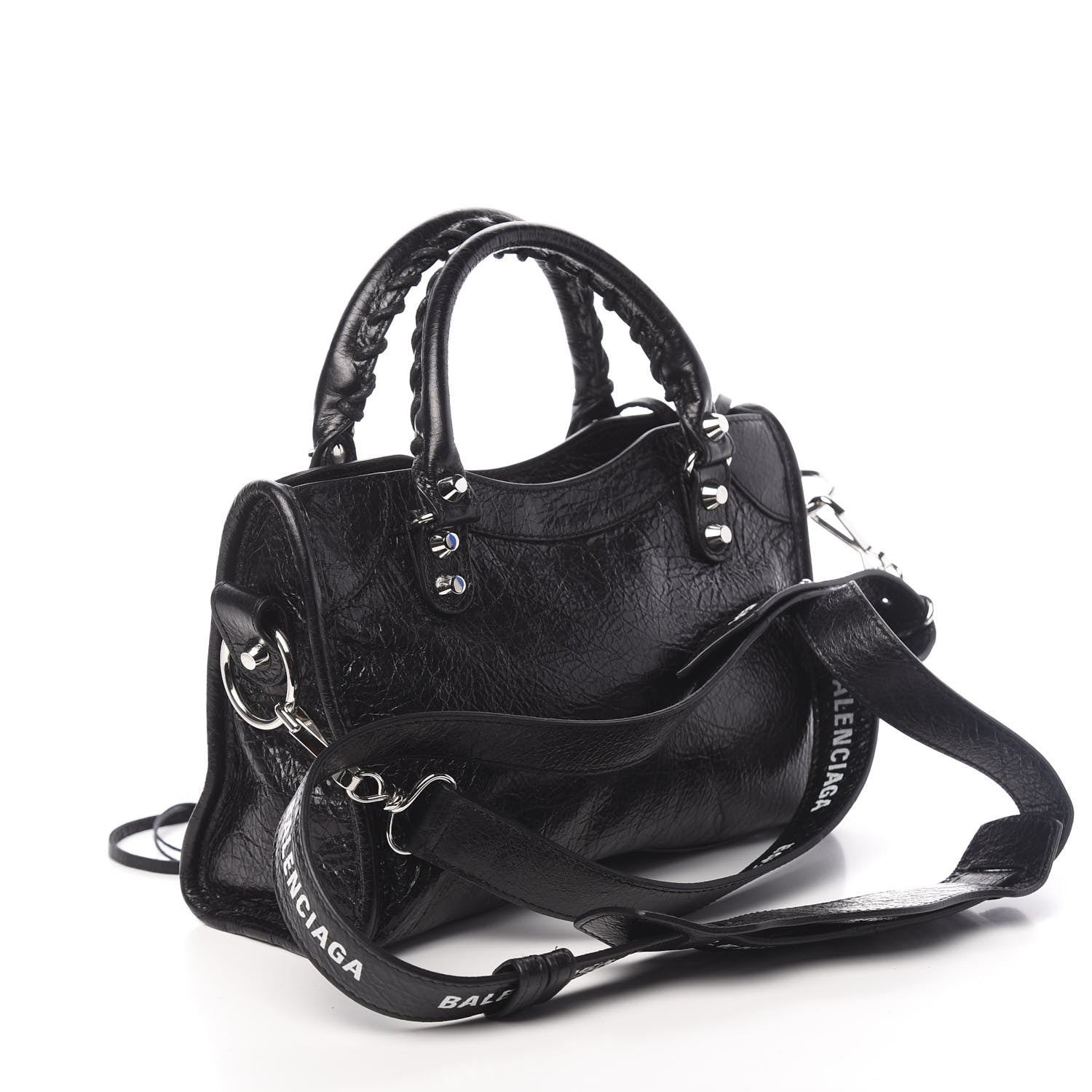 Balenciaga Agneau Classic Silver Hardware Mini City Logo Strap Black White 3 of 11