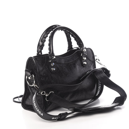 Balenciaga Agneau Classic Silver Hardware Mini City Logo Strap Black White 3 of 11