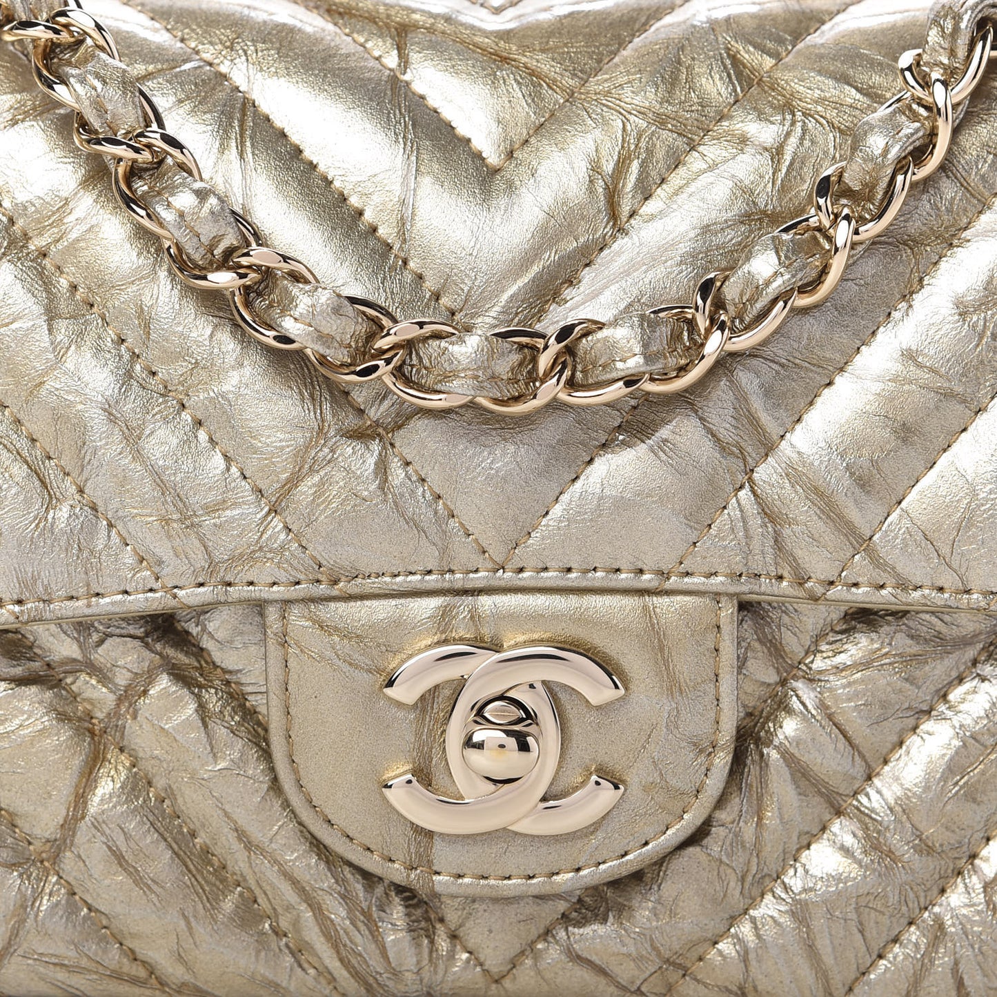 Patent Metallic Crumpled Calfskin Chevron Quilted Mini Rectangular Flap Gold