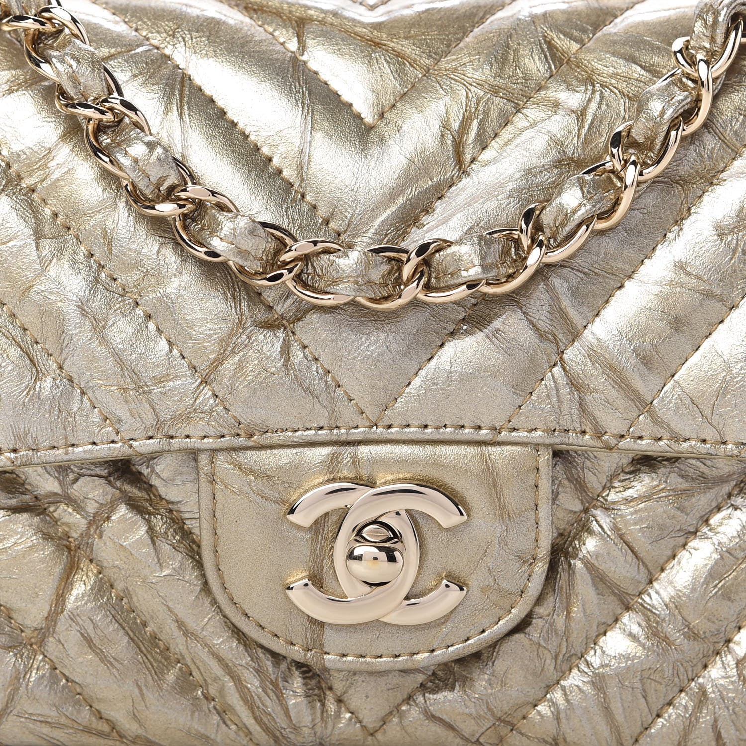 Chanel Patent Metallic Crumpled Calfskin Chevron Quilted Mini Rectangular Flap Gold 11 of 11