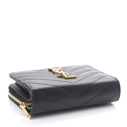 Saint Laurent Grain De Poudre Matelasse Chevron Monogram Compact Zip Around Wallet Black 4 of 7