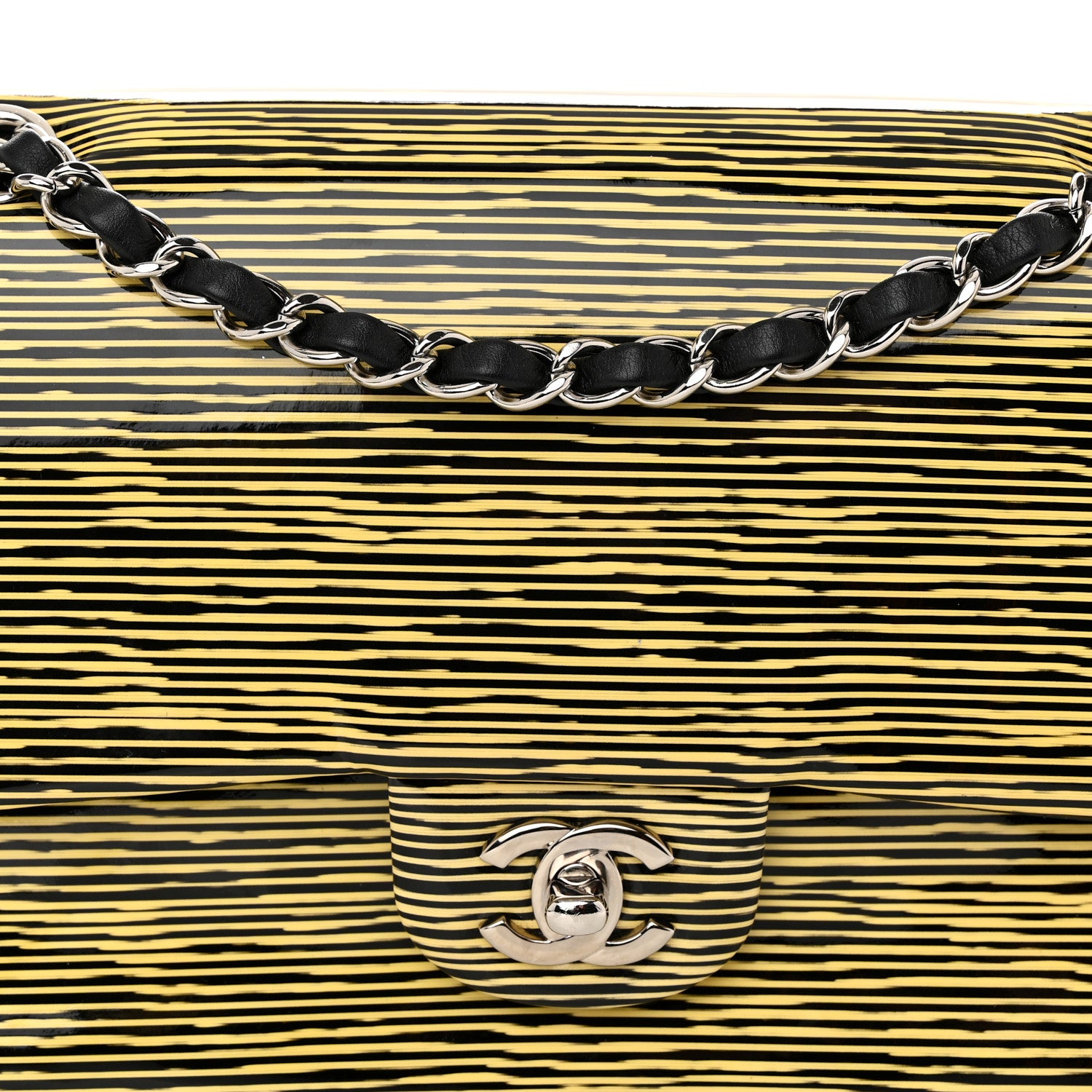 Chanel Patent Calfskin Striped Medium Double Flap Yellow Black 8 of 10