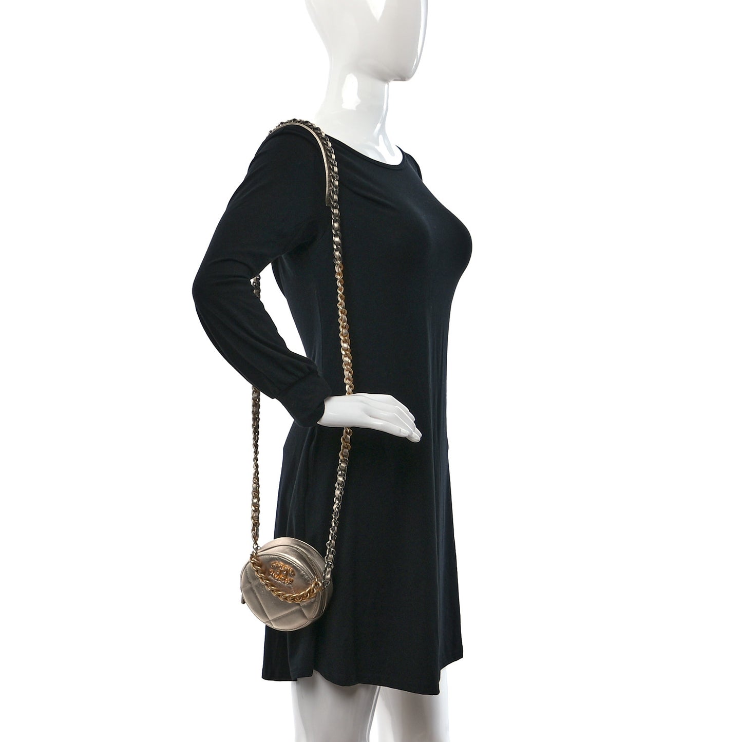 Metallic Lambskin Quilted Chanel 19 Round Clutch With Chain Gold