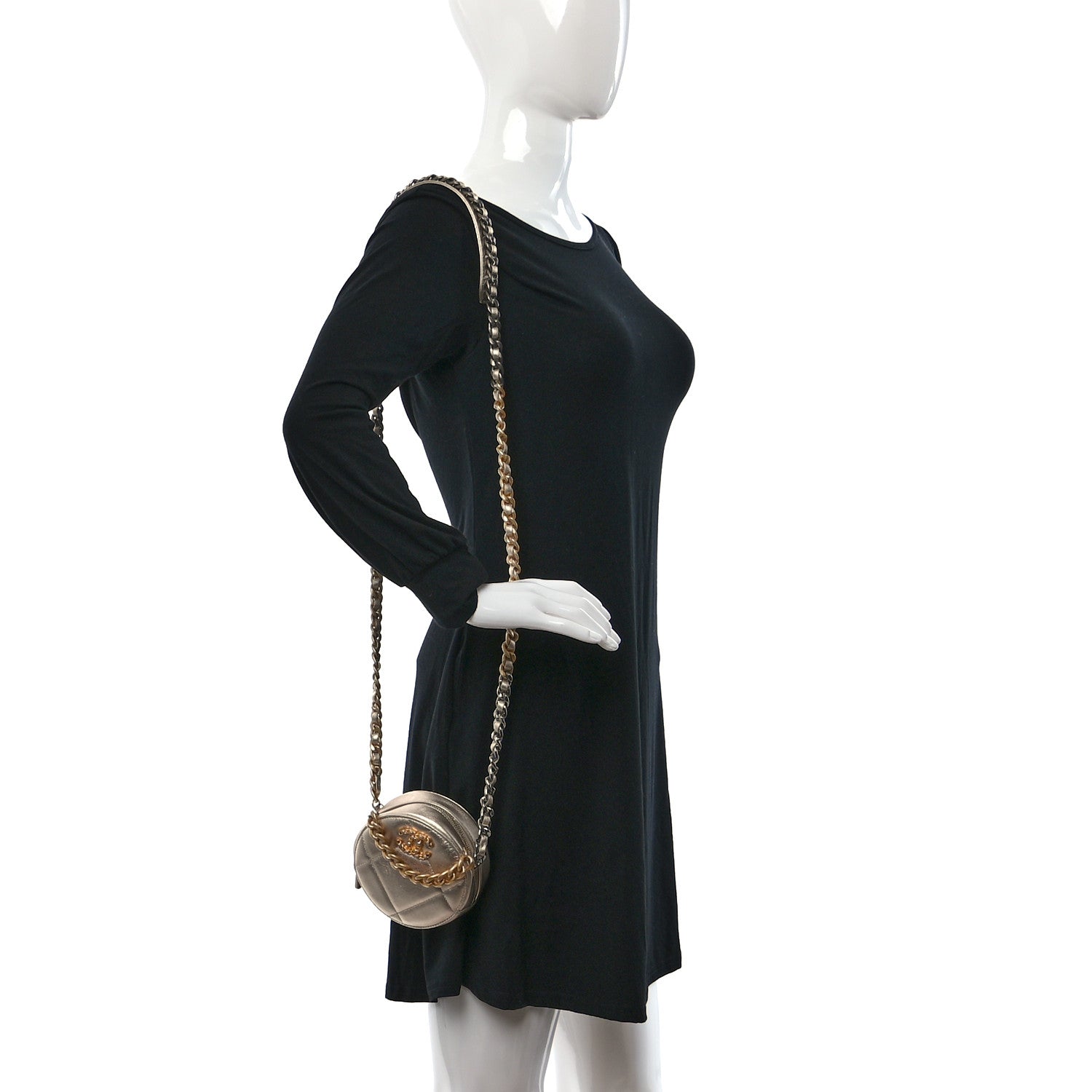 Chanel Metallic Lambskin Quilted Chanel 19 Round Clutch With Chain Gold 2 of 9