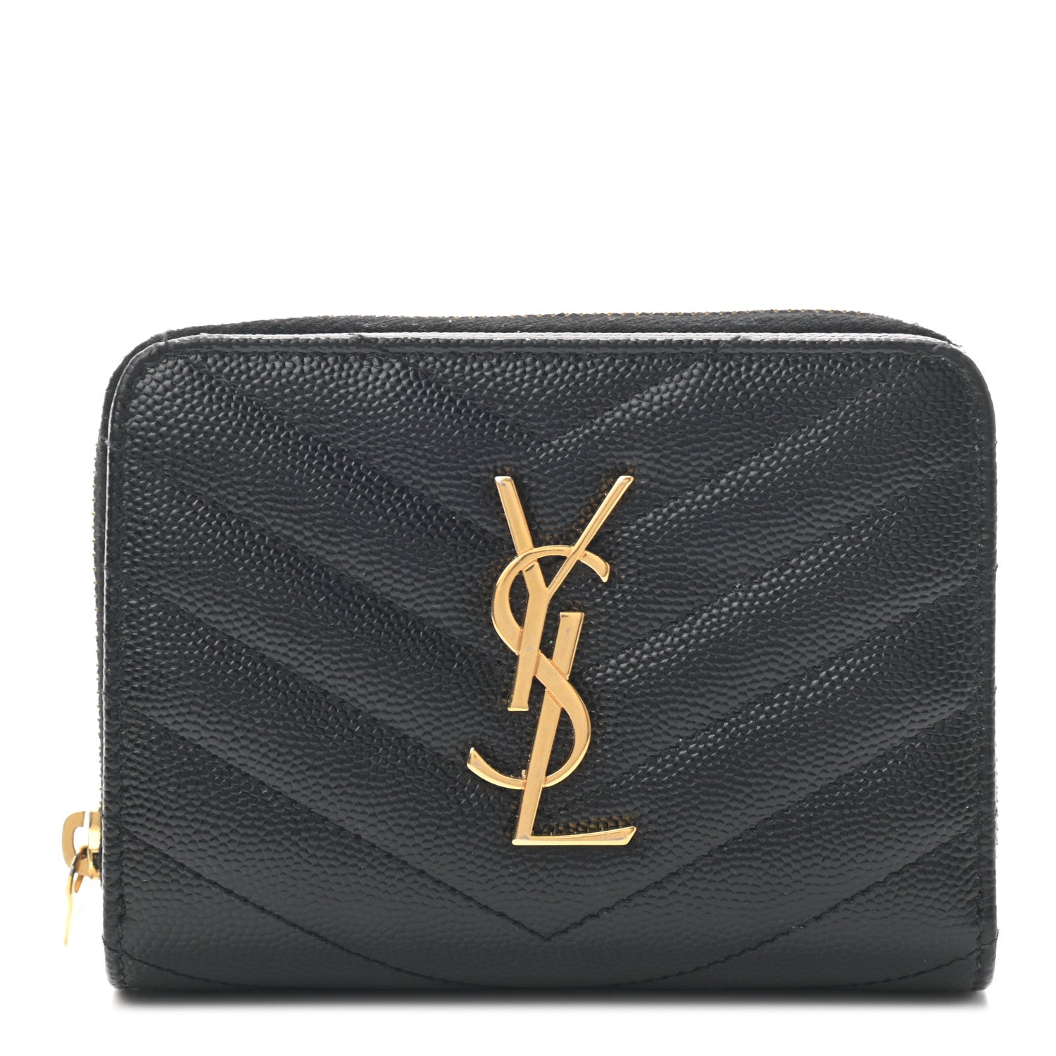 Saint Laurent Grain De Poudre Matelasse Chevron Monogram Compact Zip Around Wallet Black 1 of 7