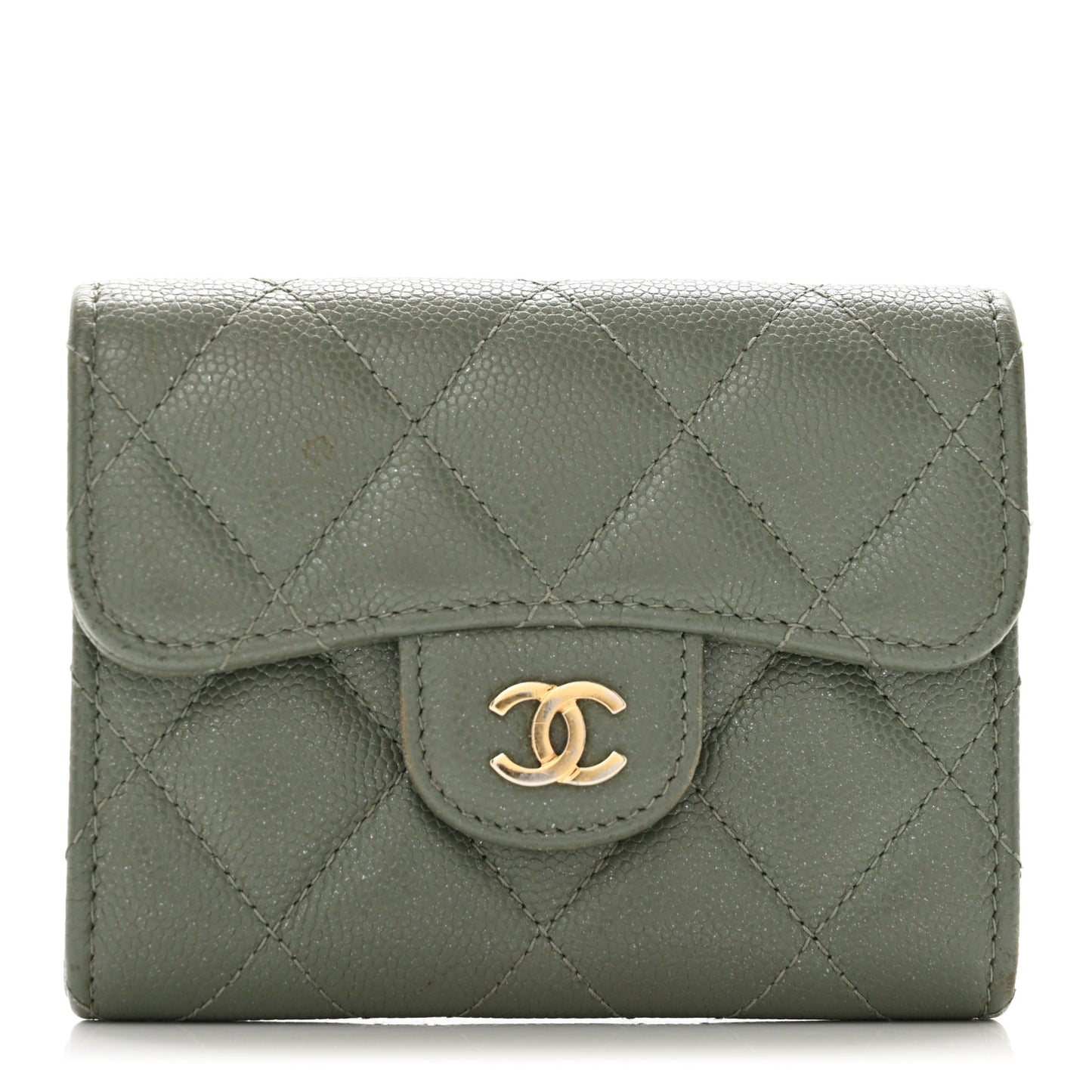 Iridescent Caviar Quilted Flap Card Holder Wallet Green