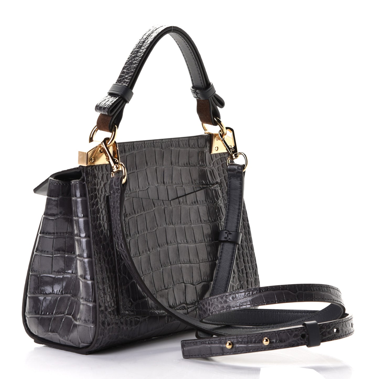 Calfskin Crocodile Embossed Small Mystic Shoulder Bag Storm Grey
