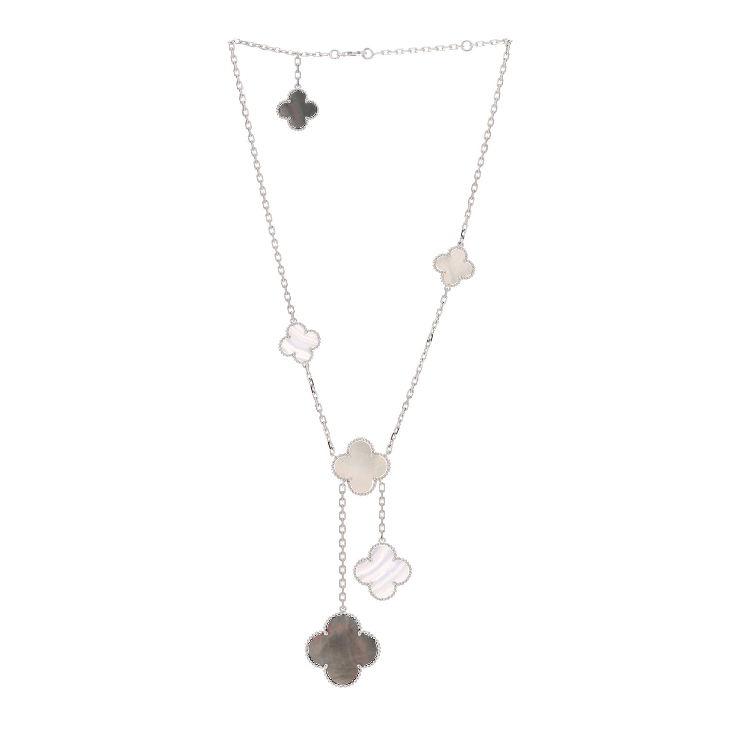 18K White Gold Mother of Pearl Chalcedony 6 Motifs Magic Alhambra Necklace
