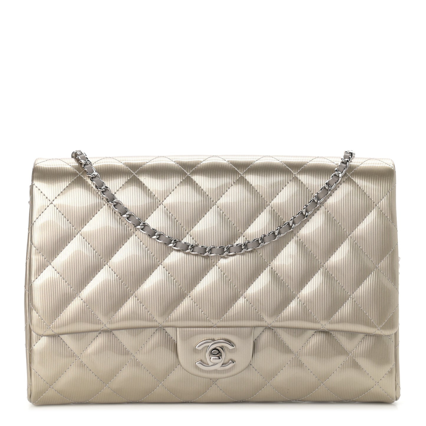 Striated Patent Quilted Clutch With Chain Flap Beige