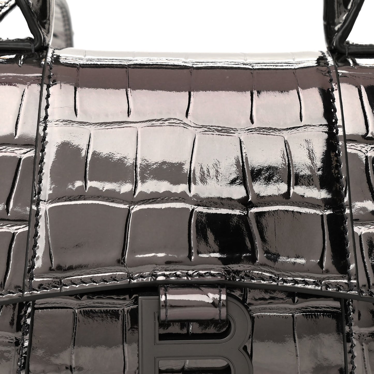 Shiny Calfskin Crocodile Embossed Hourglass Top Handle Bag XS Gunmetal