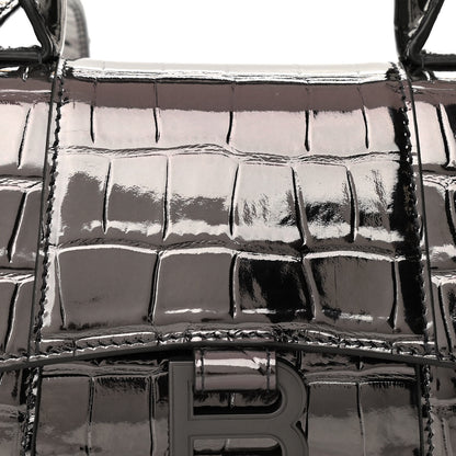 Balenciaga Shiny Calfskin Crocodile Embossed Hourglass Top Handle Bag XS Gunmetal 7 of 9