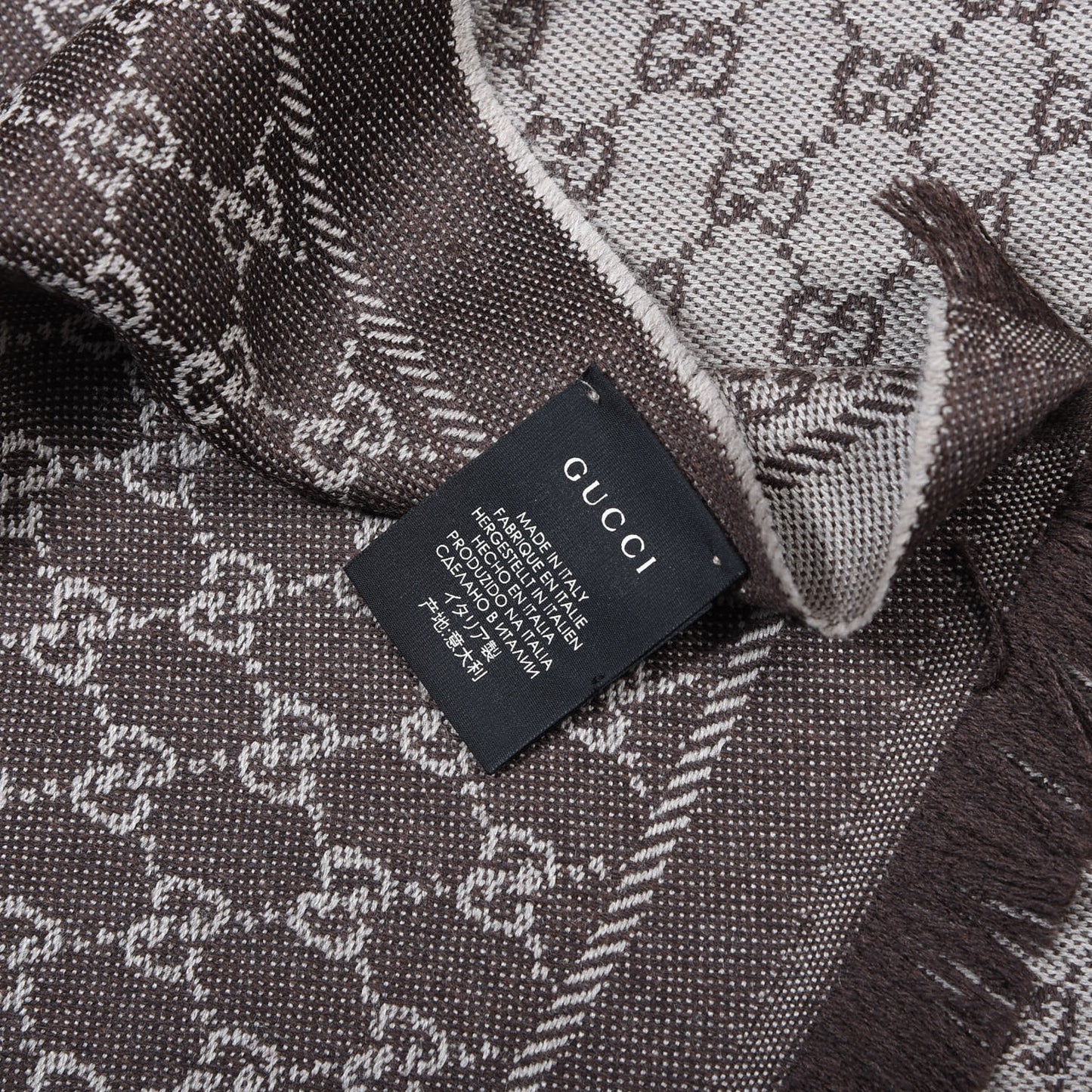 Wool GG Monogram Reversible New Sten Fringe Scarf Beige Dark Brown