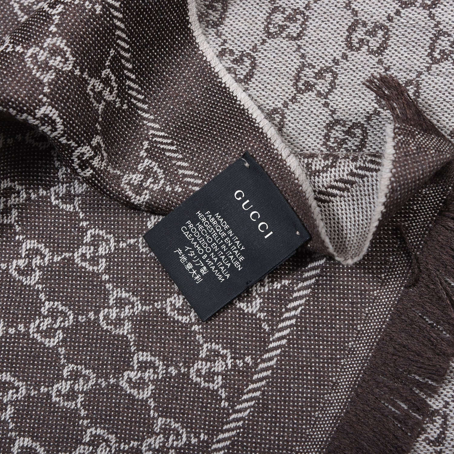 Gucci Wool GG Monogram Reversible New Sten Fringe Scarf Beige Dark Brown 3 of 4
