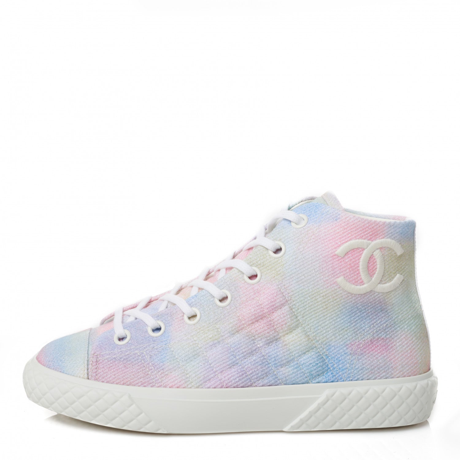 Chanel Printed Fabric High Top CC Sneakers 38.5 Green Pink Blue White 1 of 9