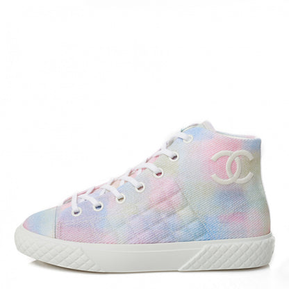 Chanel Printed Fabric High Top CC Sneakers 38.5 Green Pink Blue White 1 of 9