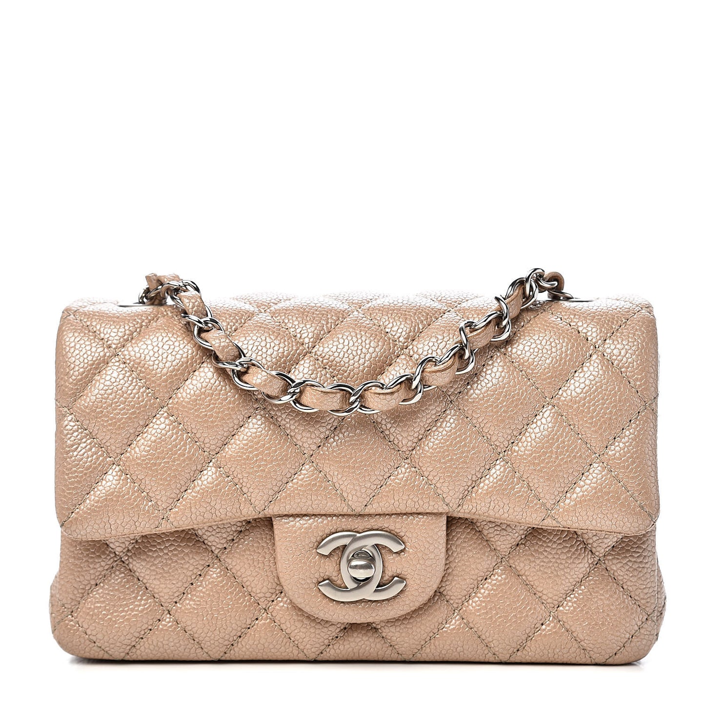 Pearly Caviar Quilted Mini Rectangular Flap Beige
