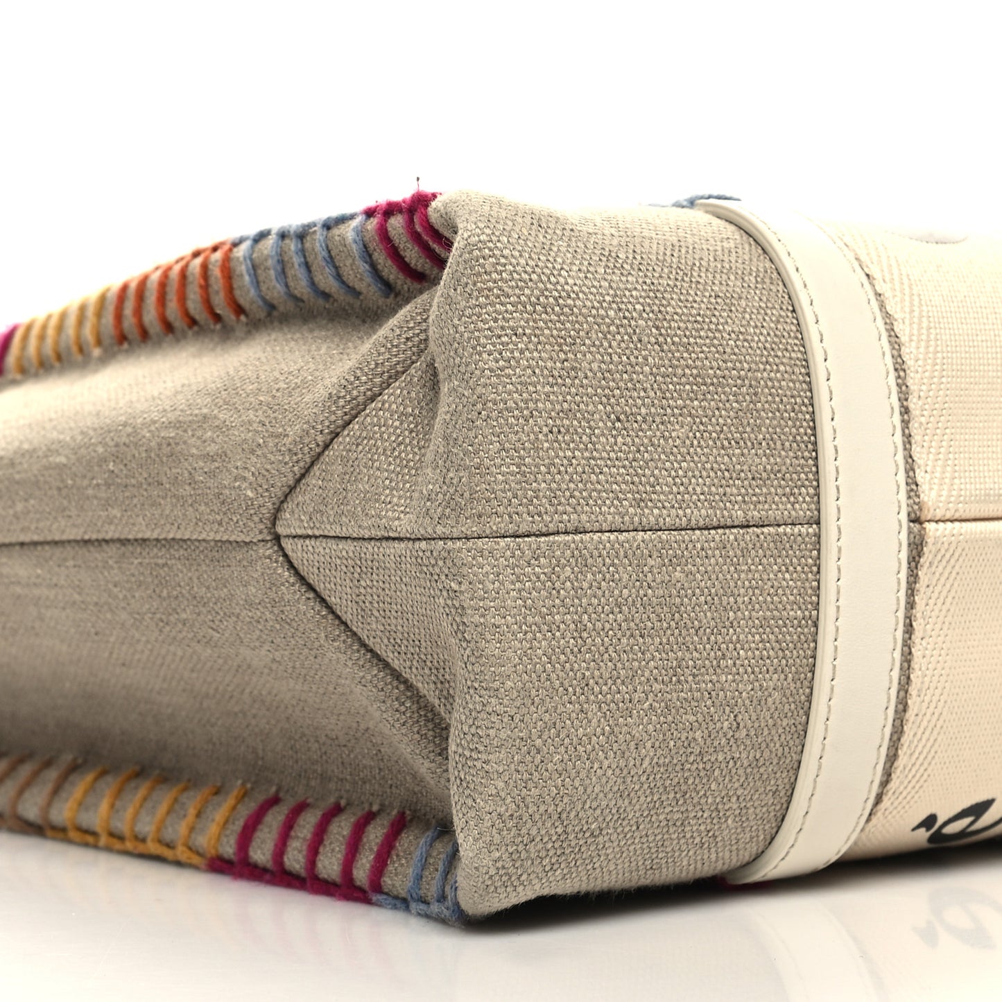 Linen Canvas Calfskin Blanket Stitched Medium Woody Ribbon Tote White Multicolor
