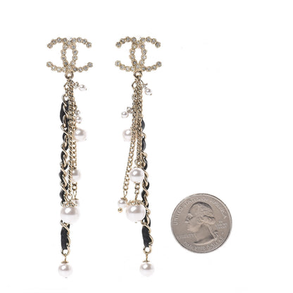 Chanel Pearl Crystal Lambskin Chain CC Dangle Earrings Gold 2 of 5