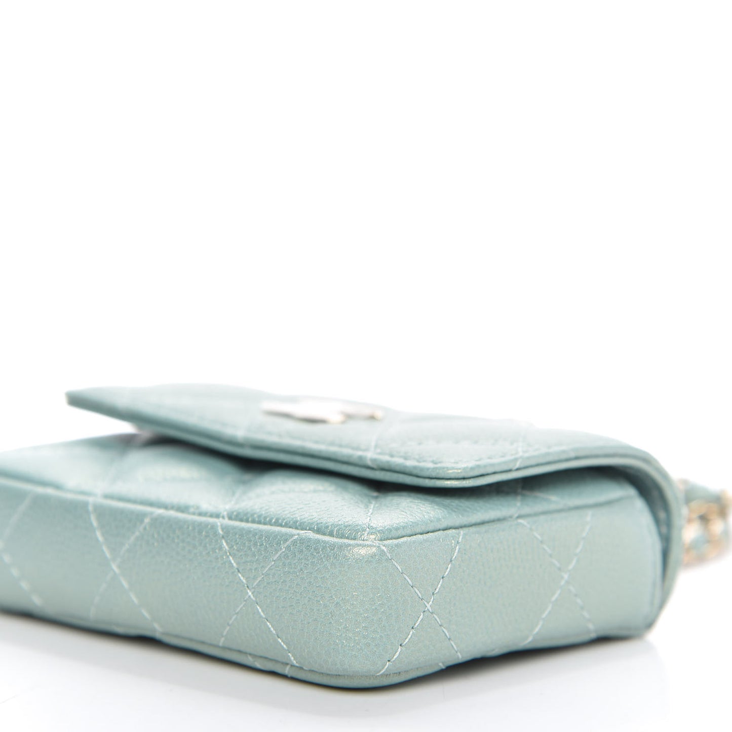 Iridescent Caviar Quilted Pearl On Top Coin Purse With Chain Light Green