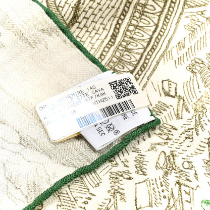 Hermes Cashmere Silk La Nouvelle Cite Cavaliere Shawl 140 White Vert Vif Kaki 3 of 5