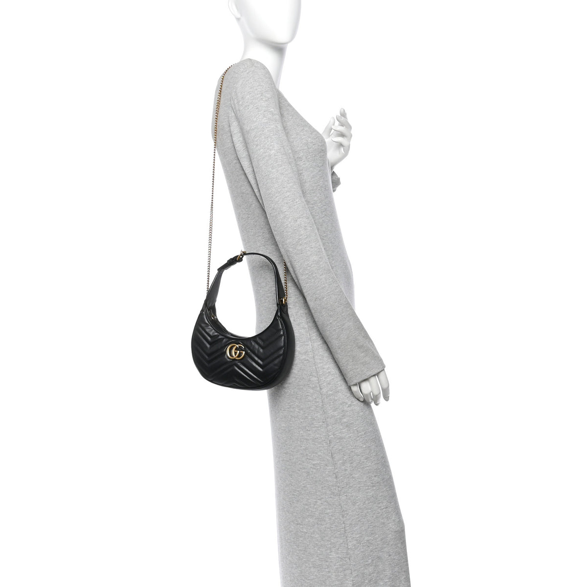 Gucci Calfskin Matelasse Chevron Mini GG Marmont Half Moon Hobo Black 2 of 11