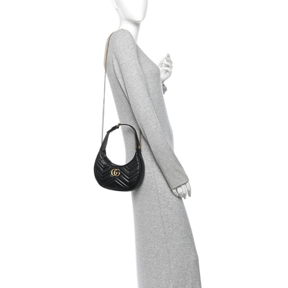Gucci Calfskin Matelasse Chevron Mini GG Marmont Half Moon Hobo Black 2 of 11