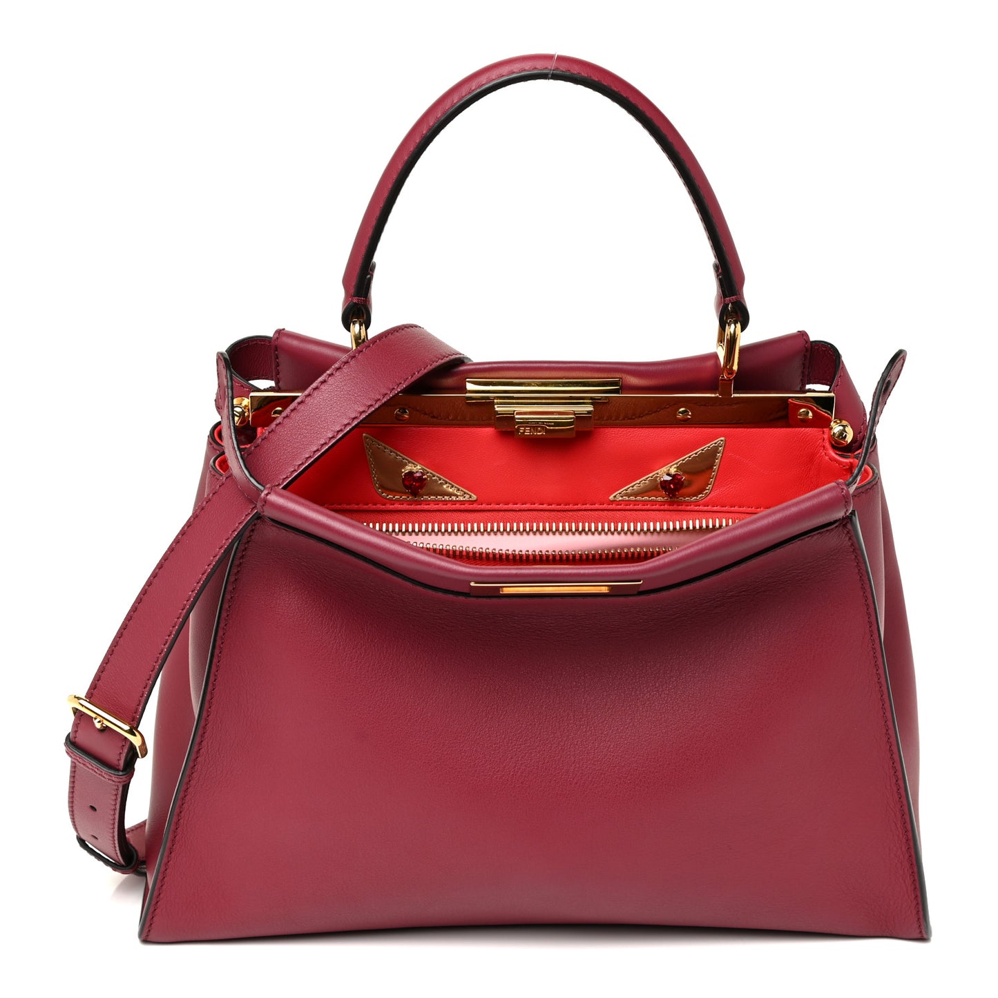 Vitello Seta Shiny Nappa Vitello Mirror Crystal Monster Eyes Medium Peekaboo Iconic Satchel Amarena Fiamma