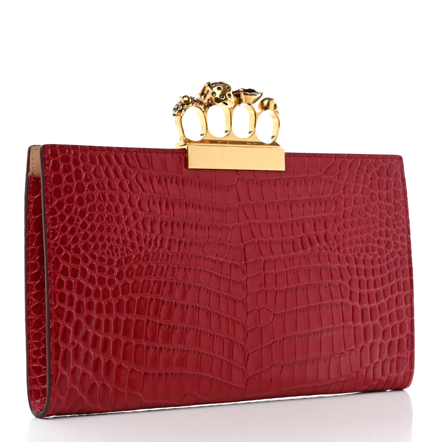 Calfskin Crocodile Embossed Knuckle Flat Clutch Red