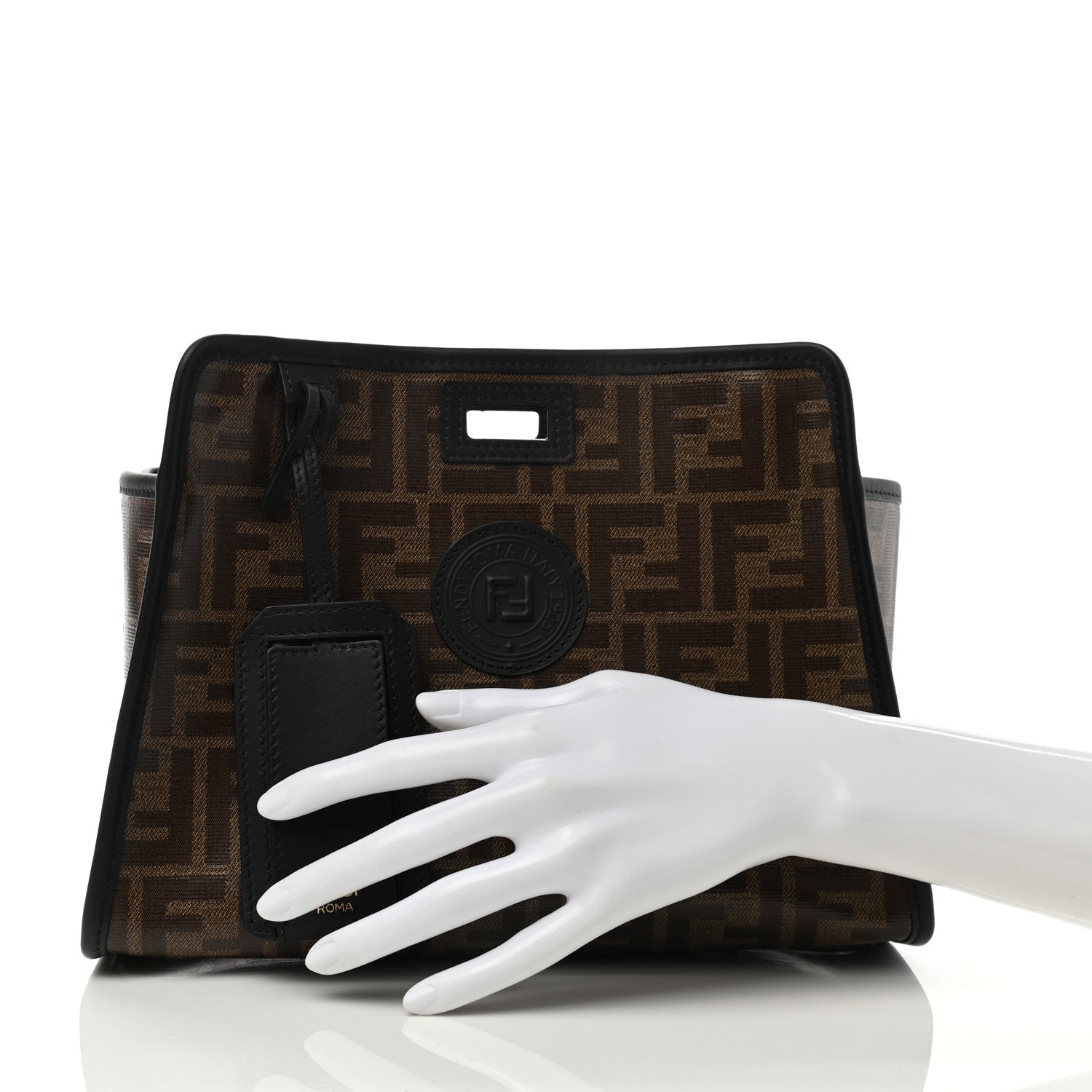 Fendi Glazed Fabric Vitello Century FF 1974 Stamp Patch Mini Peekaboo Defender Cover Mogano Panna Black 3 of 8