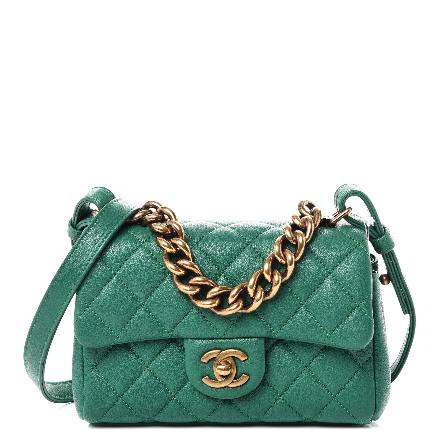 Shiny Sheepskin Quilted Mini Trapezio Flap Green
