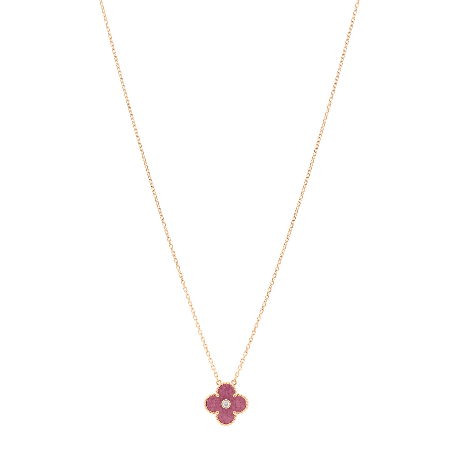 18K Rose Gold Diamond Rhodonite Vintage Alhambra Pendant Necklace