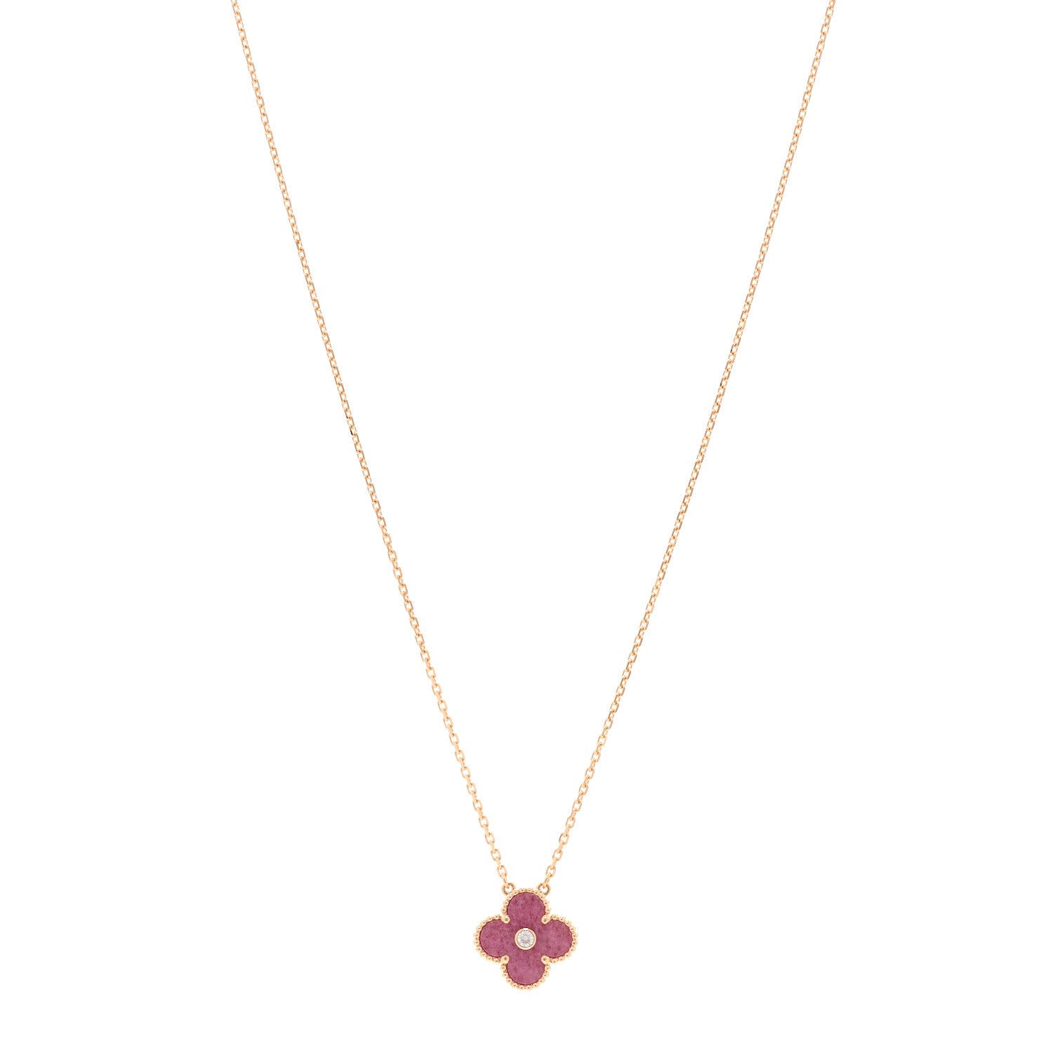 Van Cleef & Arpels 18K Rose Gold Diamond Rhodonite Vintage Alhambra Pendant Necklace 1 of 5