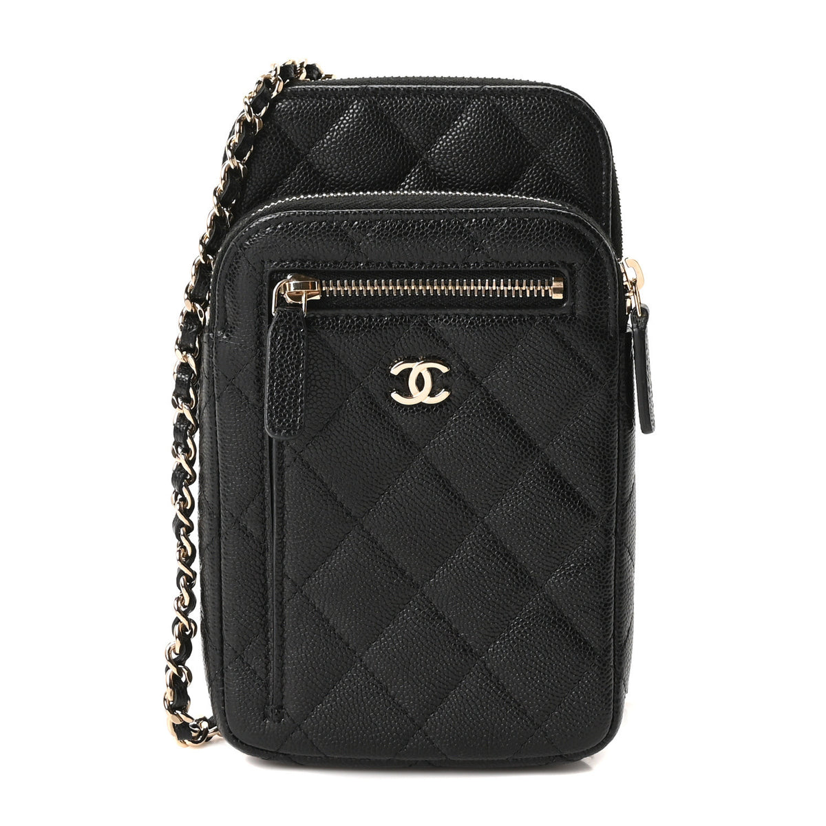 Caviar Quilted Phone Holder With Chain Black