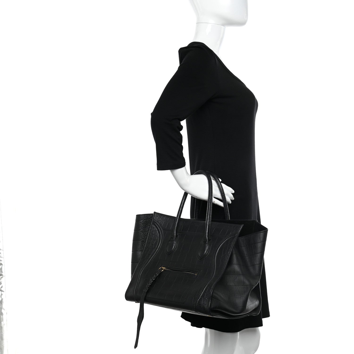 Celine Calfskin Crocodile Embossed Medium Phantom Luggage Black 3 of 14