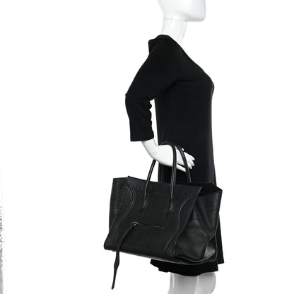 Celine Calfskin Crocodile Embossed Medium Phantom Luggage Black 3 of 14