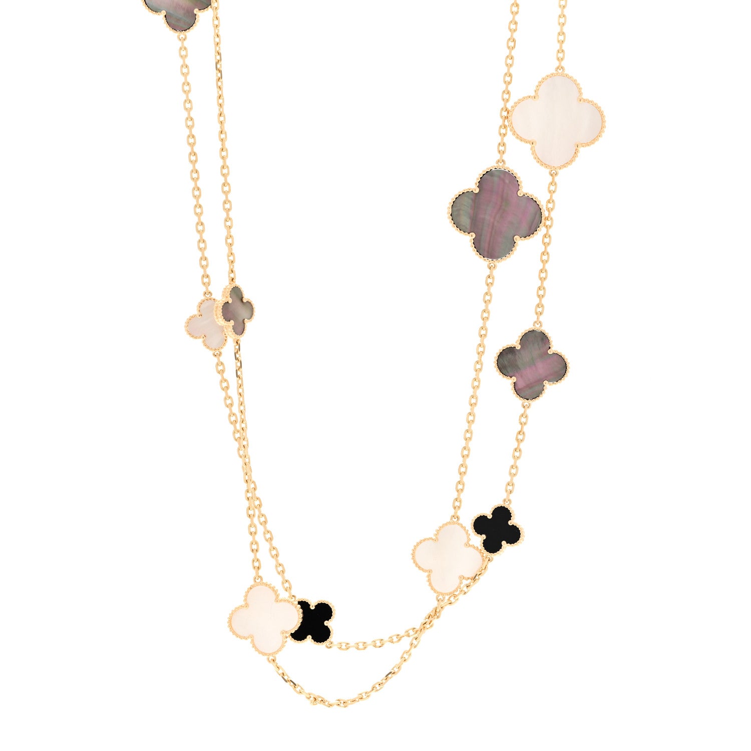 Van Cleef & Arpels 18K Yellow Gold Onyx Mother of Pearl 16 Motifs Magic Alhambra Necklace 1 of 5
