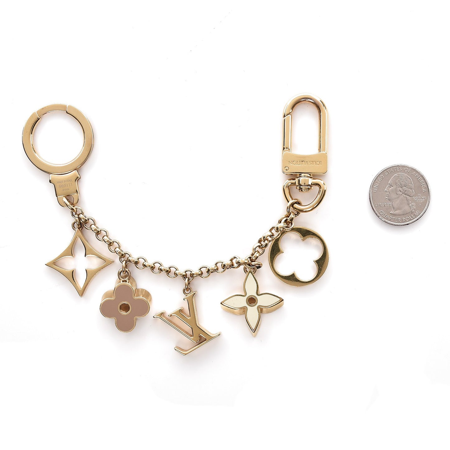 Brass Enamel Fleur De Monogram Bag Charm Chain Gold