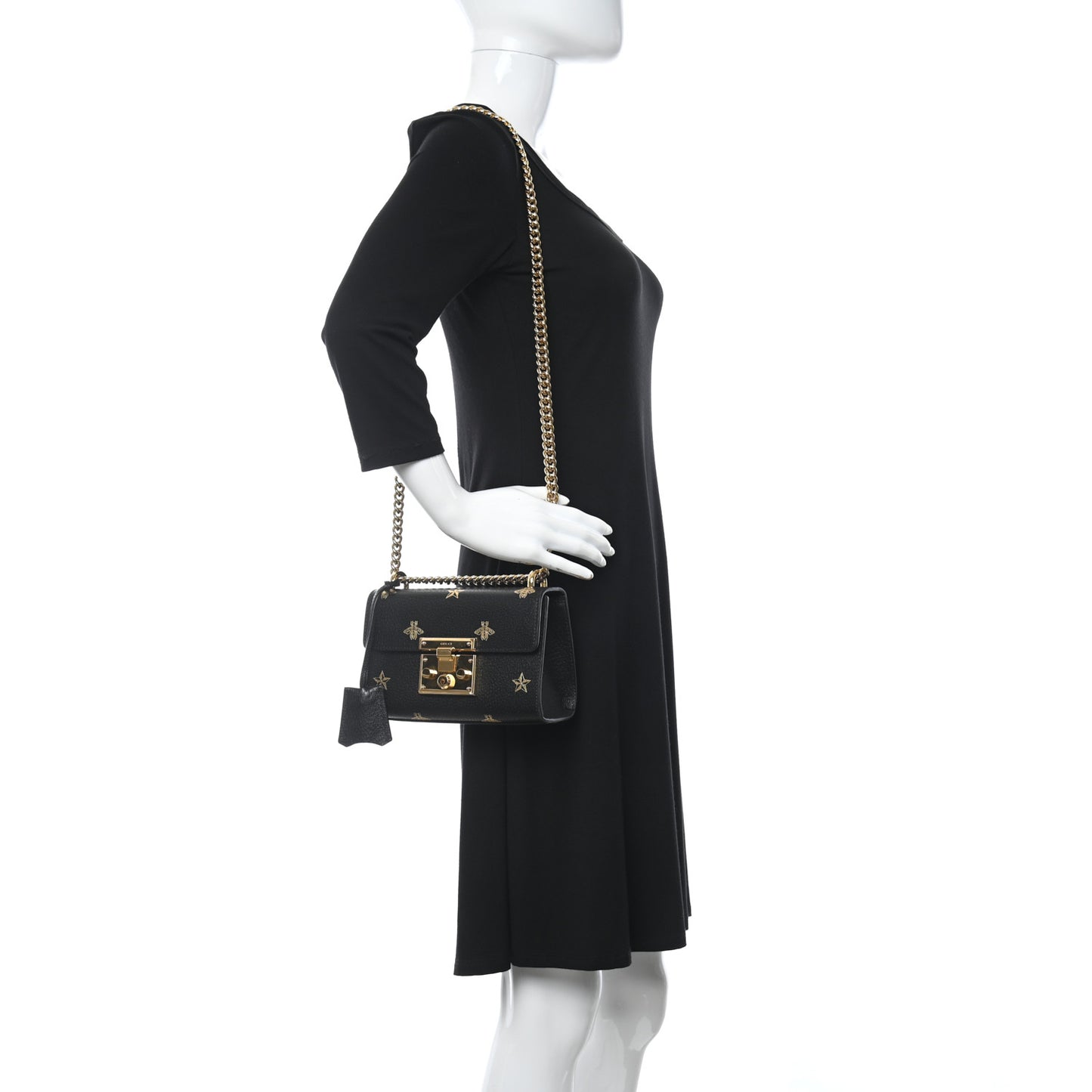 Grained Calfskin Bee Star Small Padlock Shoulder Bag Black